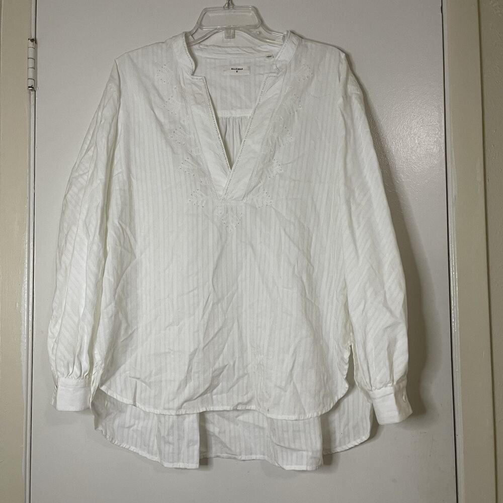 Billy Reid white stripe long sleeve beaded embroidered neck detail top Small